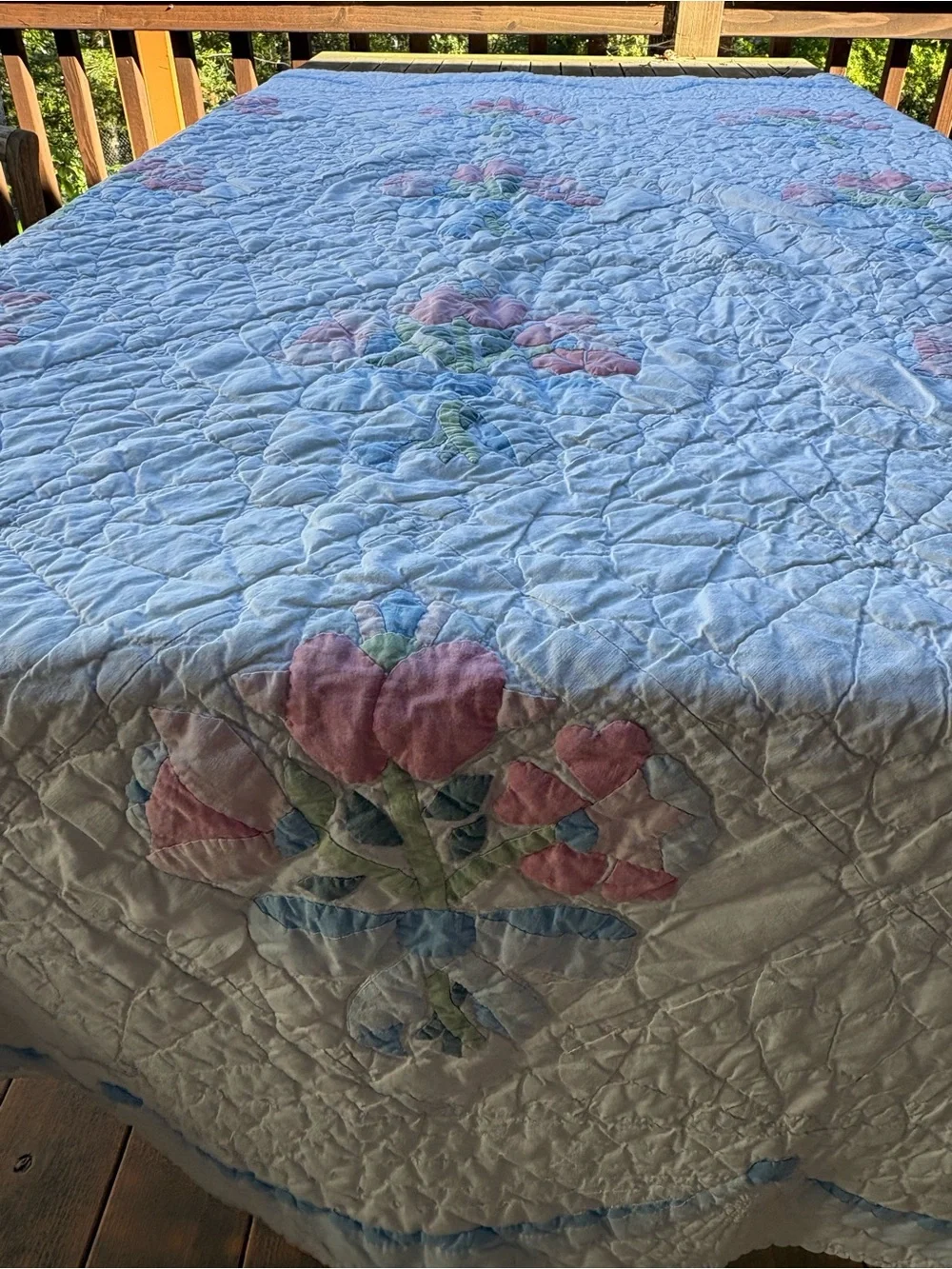 Handmade Floral Quilt Bedspread in Pink, Blue and Green